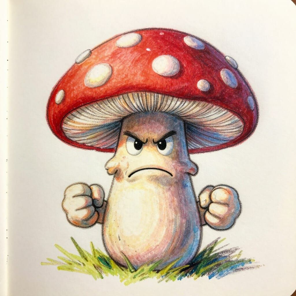 Angry Mushroom Cartoon in Pastel Pencil Sketch Style