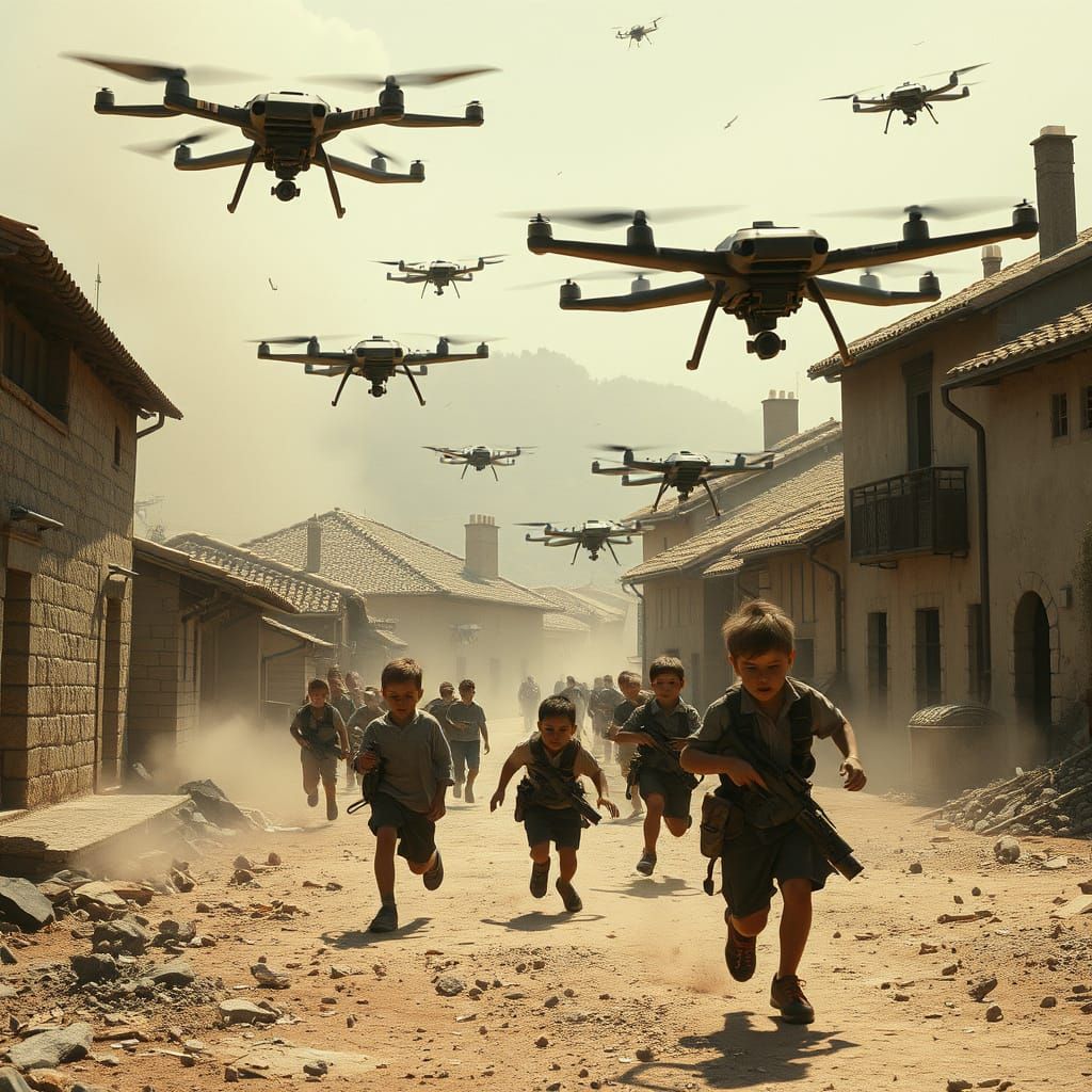 Rustic Village Under Attack by Enemy Drones in a Gritty Cybe...