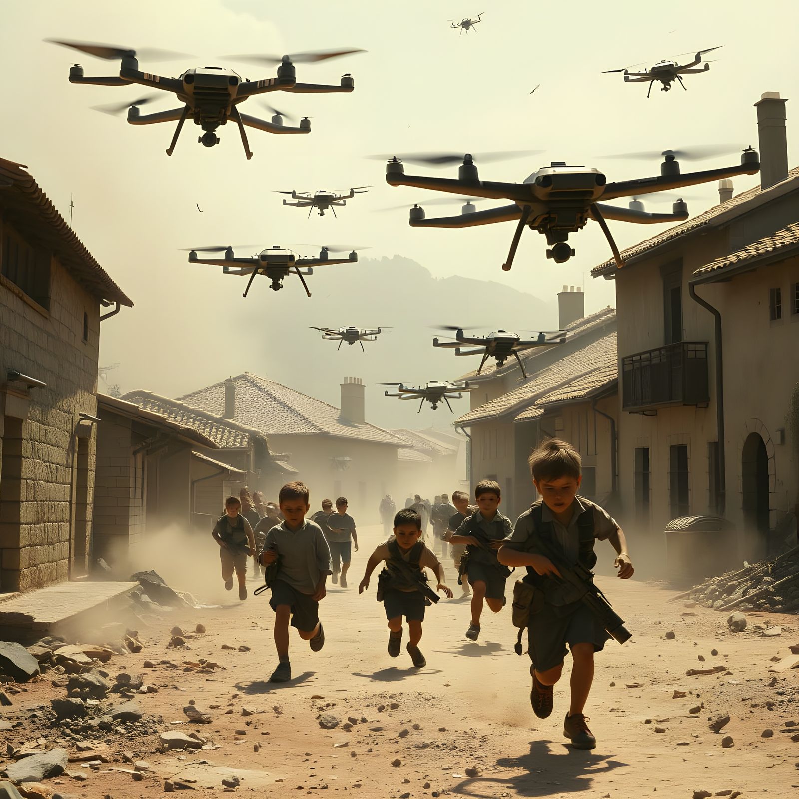 Rustic Village Under Attack by Enemy Drones in a Gritty Cybe...