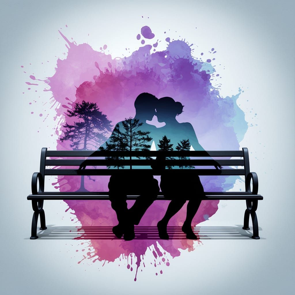 Double Exposure Silhouette Couple in Dreamy Park Scene, Crea...