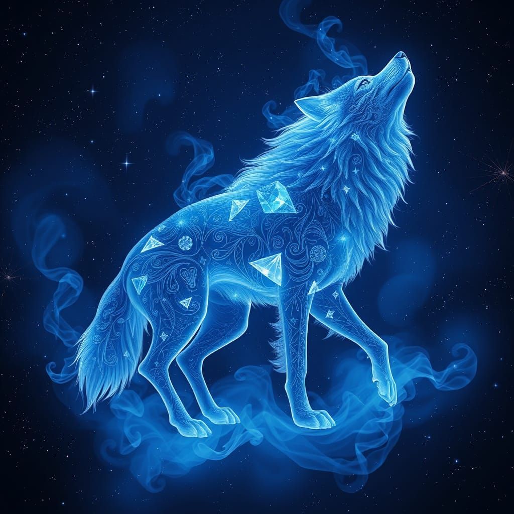 Ghostly Wolf Emerges from Celestial Smoke in a Dreamlike Nig...