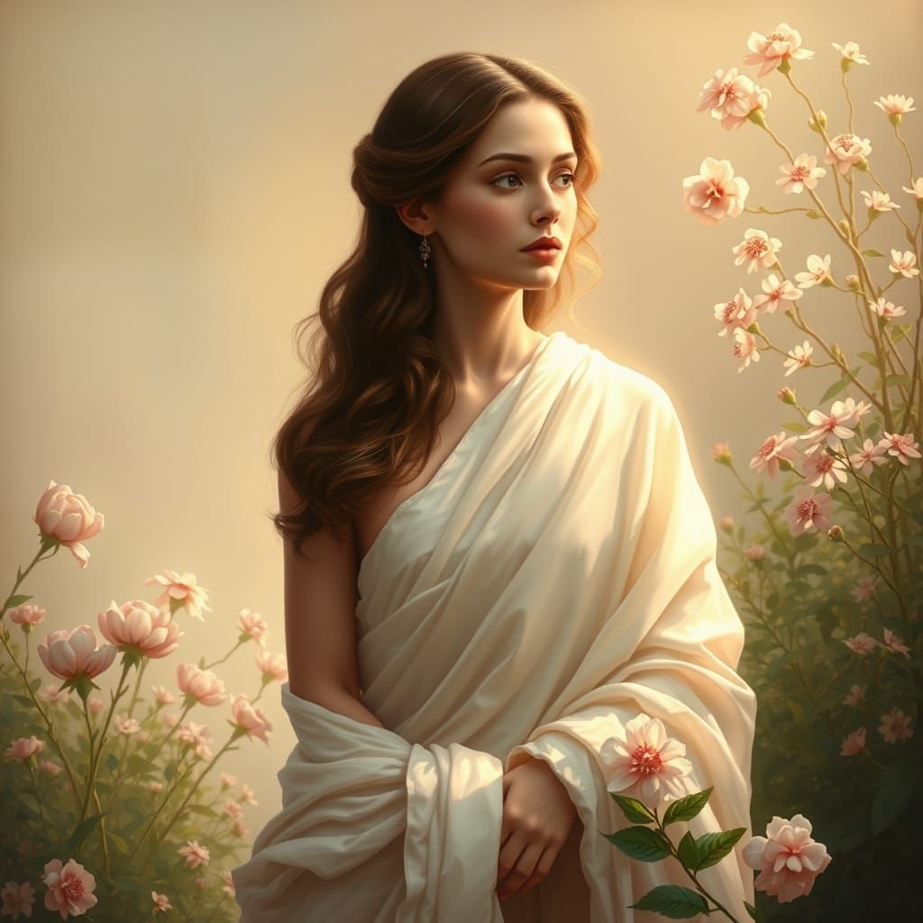Serene Pre-Raphaelite Woman Surrounded by Blooming Flowers