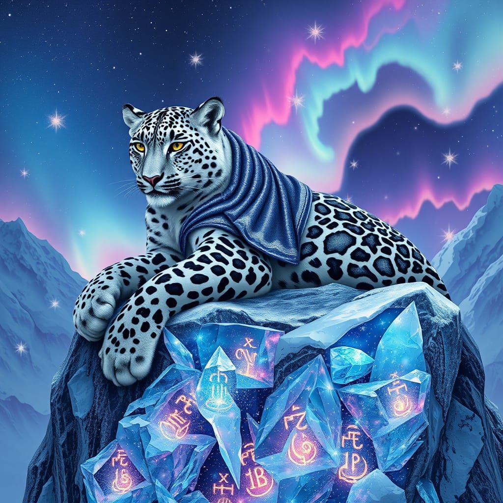 Snow Leopard with Nebula Fur in Art Nouveau Style