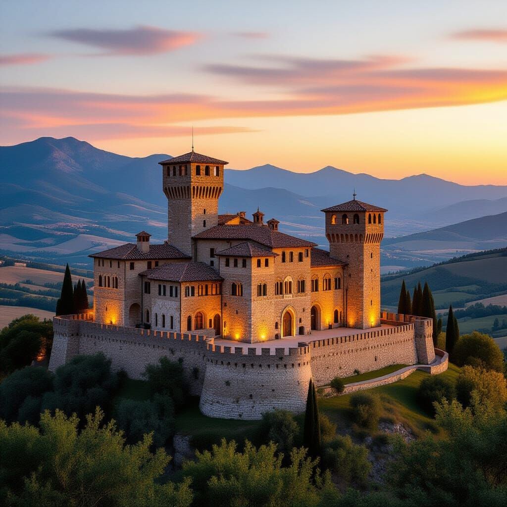 Renaissance Castle Among Hills in Warm Light