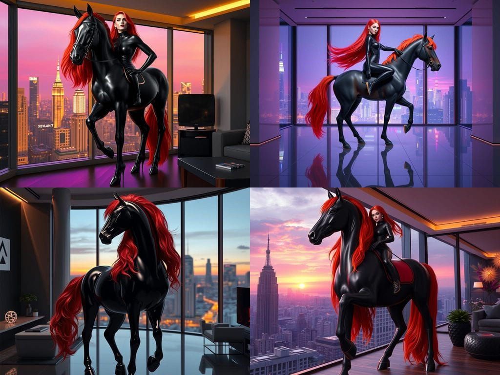 The image features a centauress dressed in a black latex bod...