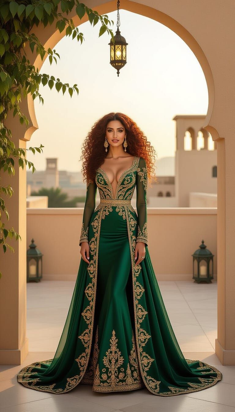 Arab Woman in Emerald Gown on Rooftop Terrace