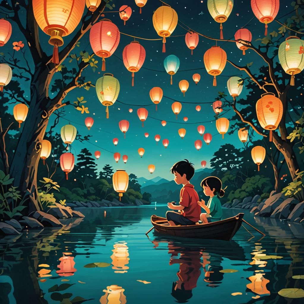 Magical Lantern Festival at Night, Ghibli-Inspired