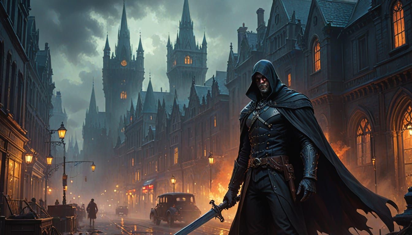 A dark gothic vampire with fangs and a cape, glowing eyes in...