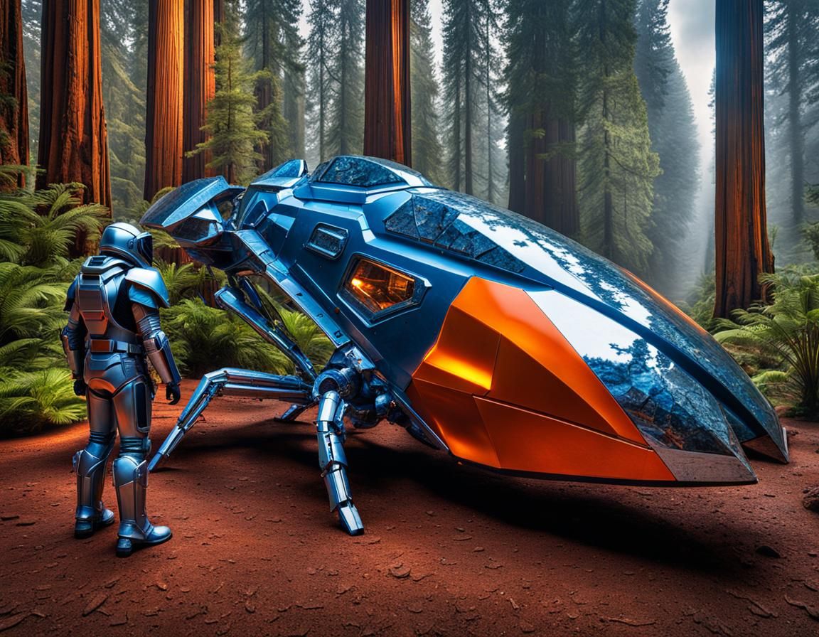 Futuristic Pilot and Biomechanical Spaceship Landing