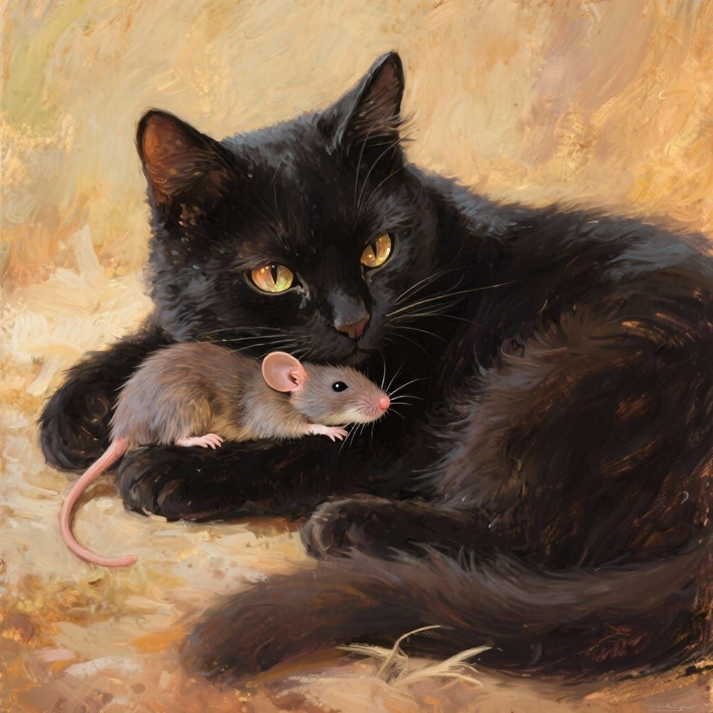 Cat Gently Embraces Mouse in Oil Painting