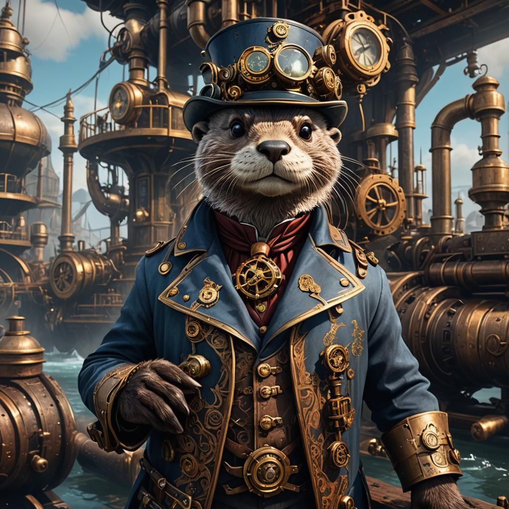 Steampunk Otter Airship Captain: Detailed Matte Painting