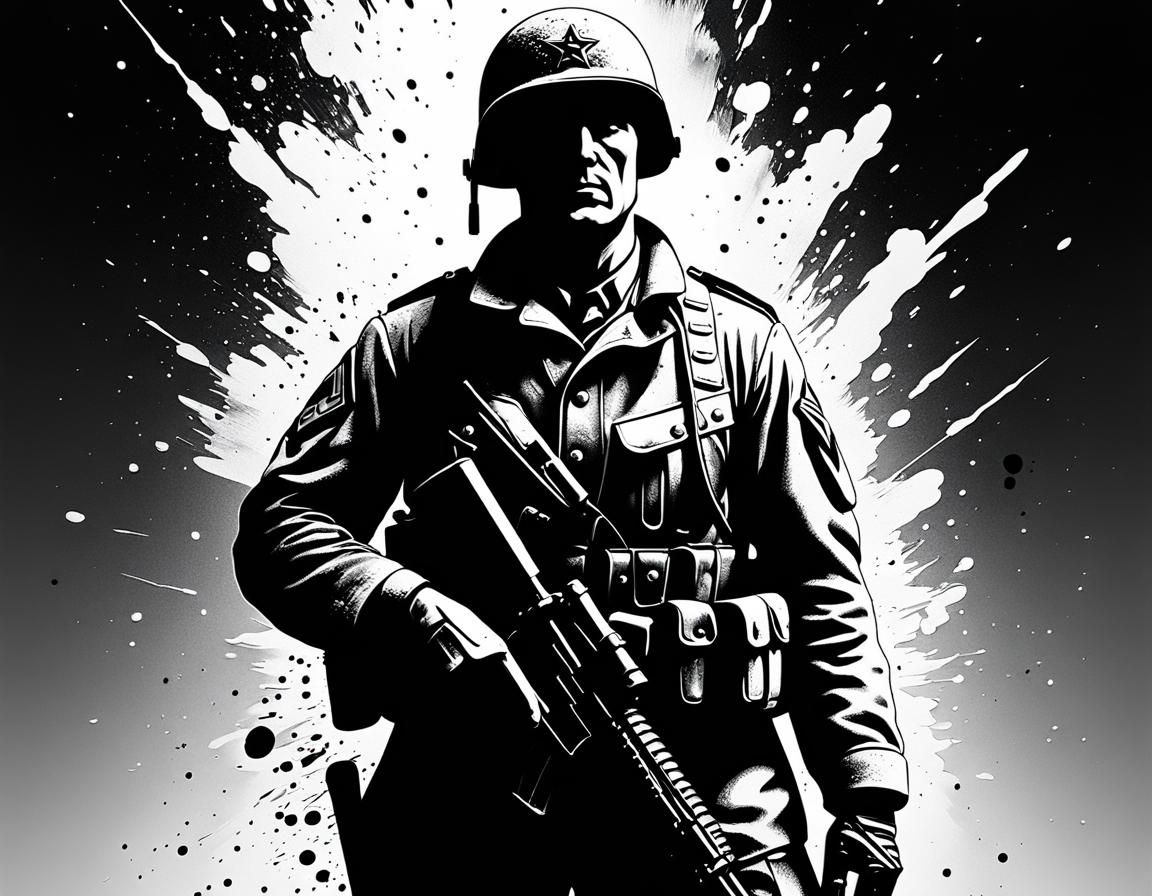 WWII Soldier Silhouette in Ink and Charcoal Style