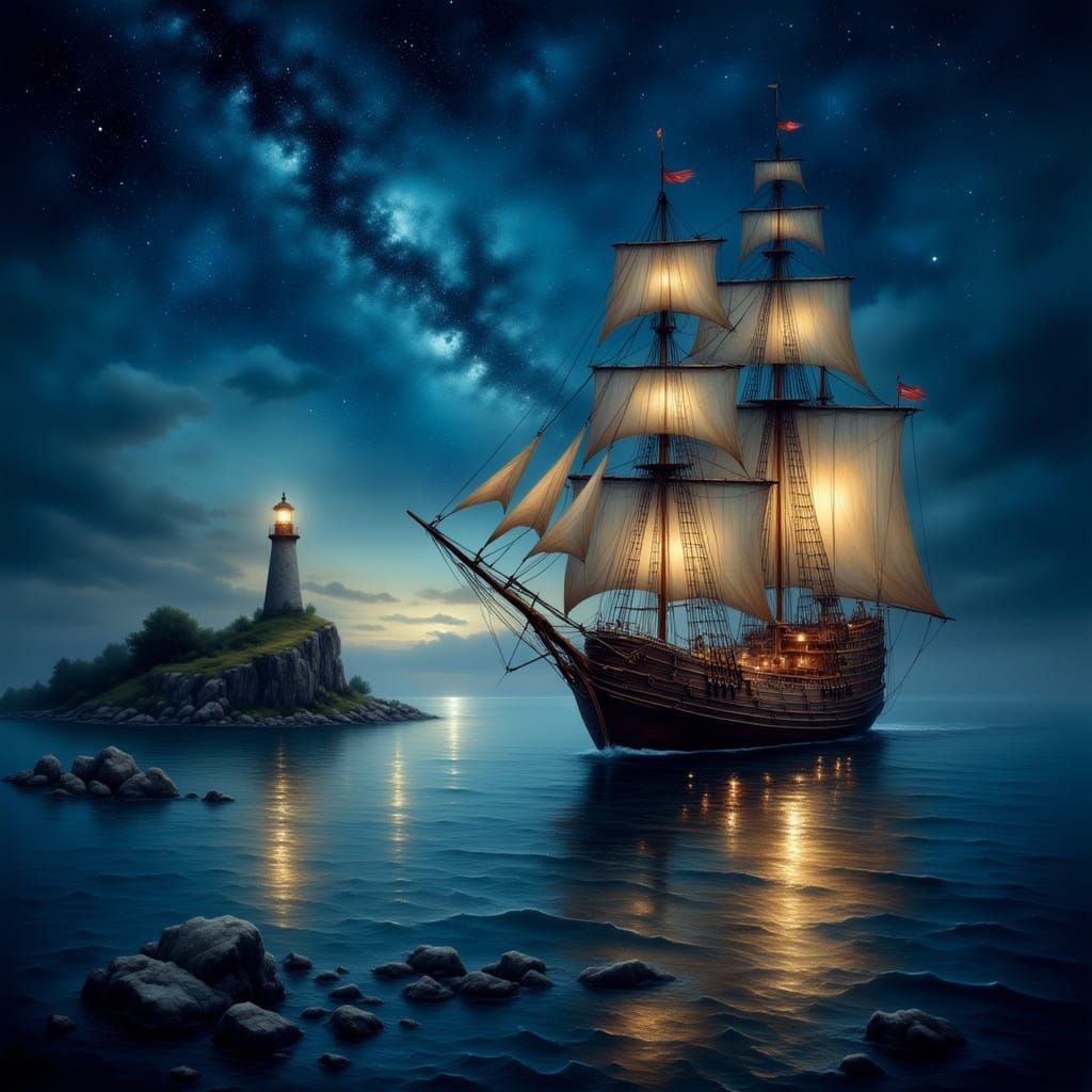 Galleon Sails Starry Sea in Antique Watercolor Style