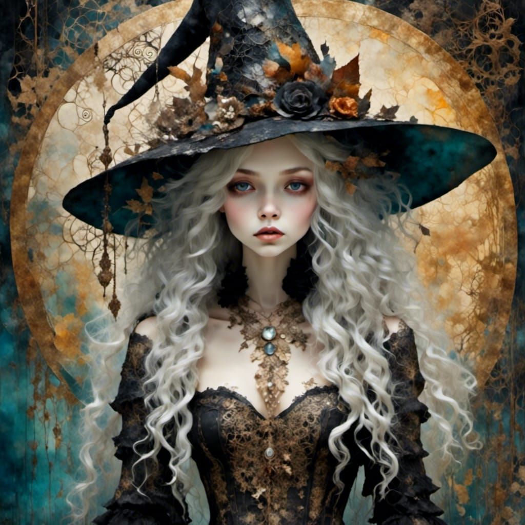 Victorian Witch with Wolf, Detailed Art Nouveau Style