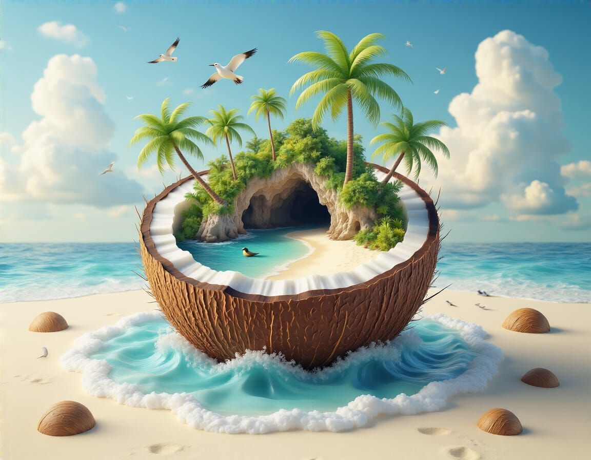 Tropical Island Emerging from Coconut: Surreal 3D Render