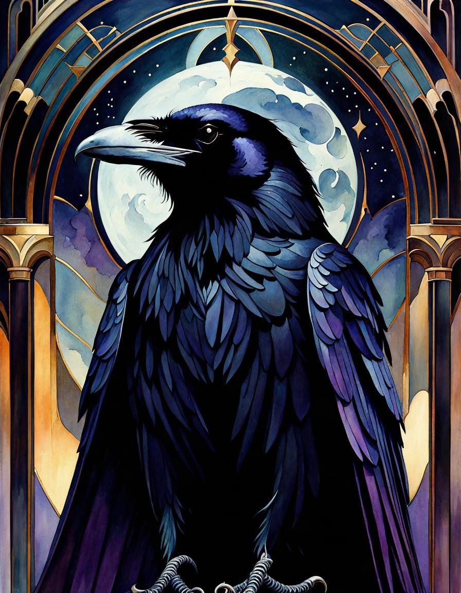 Art Deco Ravens Portrait in Watercolor