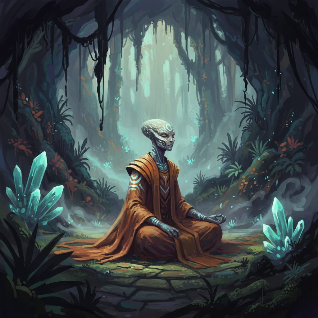 Bioluminescent Alien Meditating in Misty Grotto