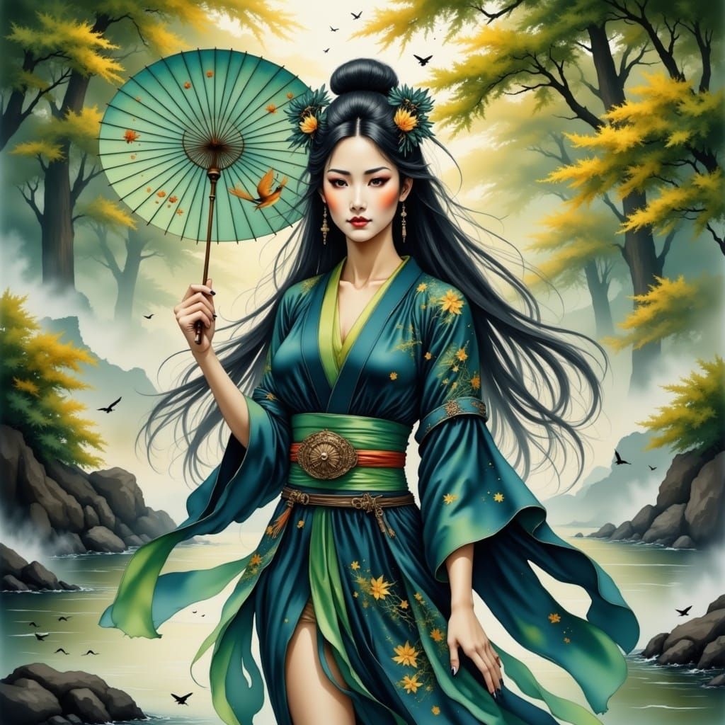 Geisha by the River in Water Ink Style