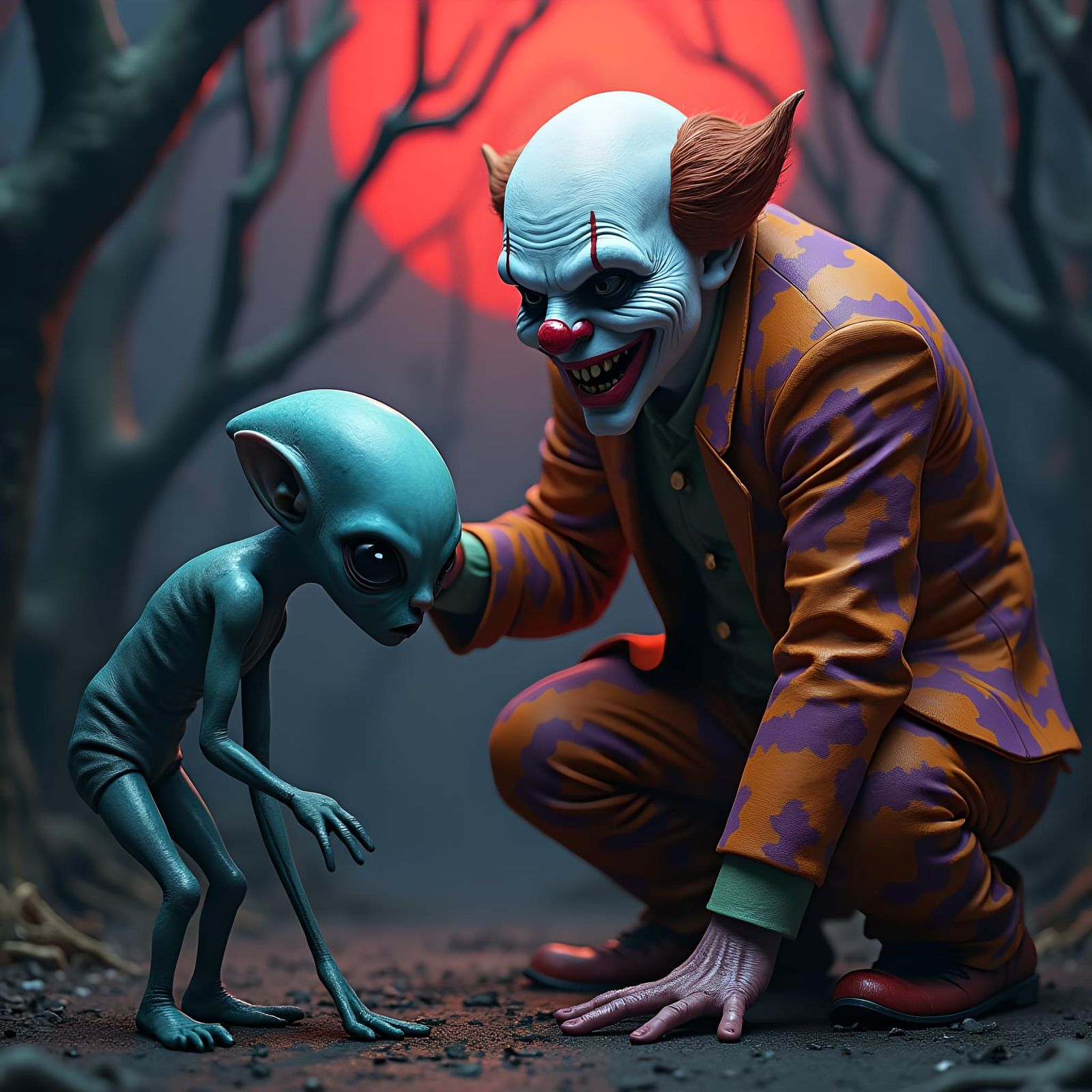 Scary Clown Terrifies Alien in Detailed Digital Painting