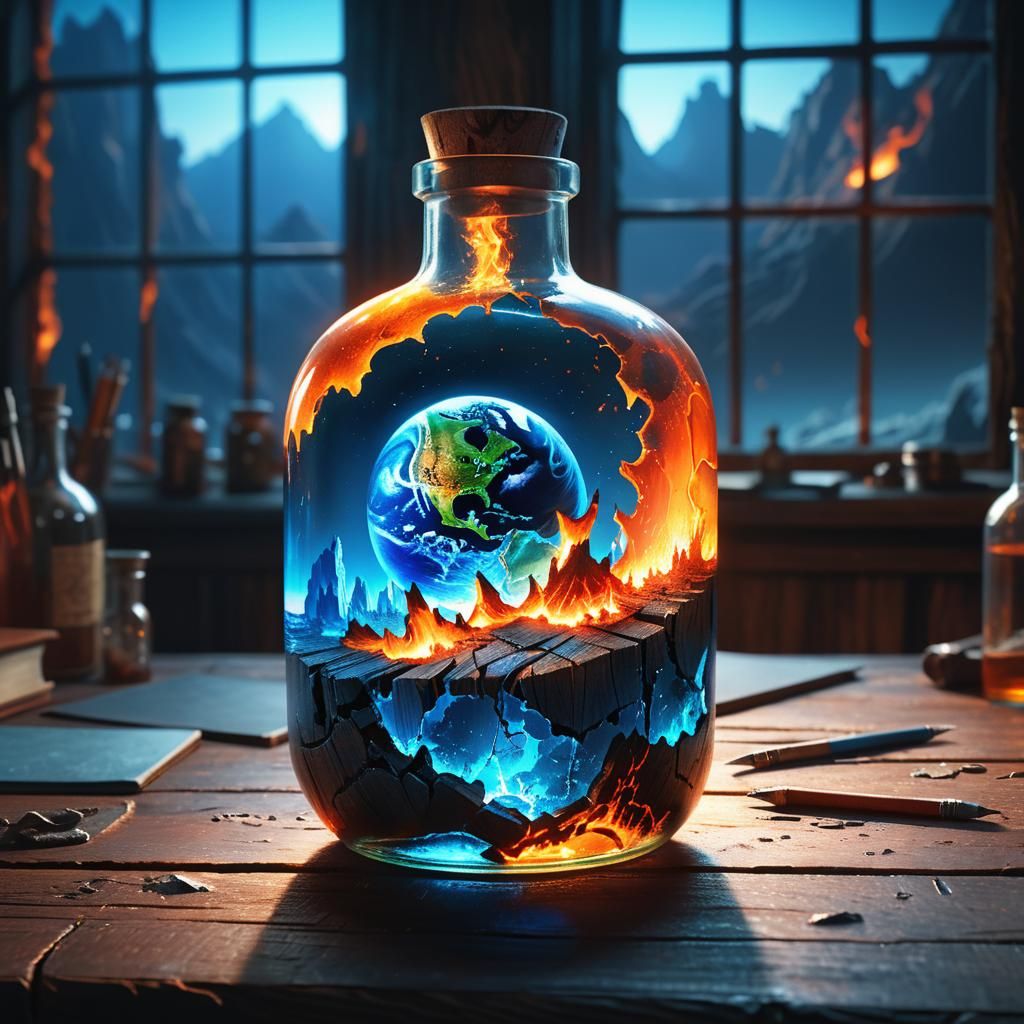 Burning Earth in a Bottle: Detailed Digital Art