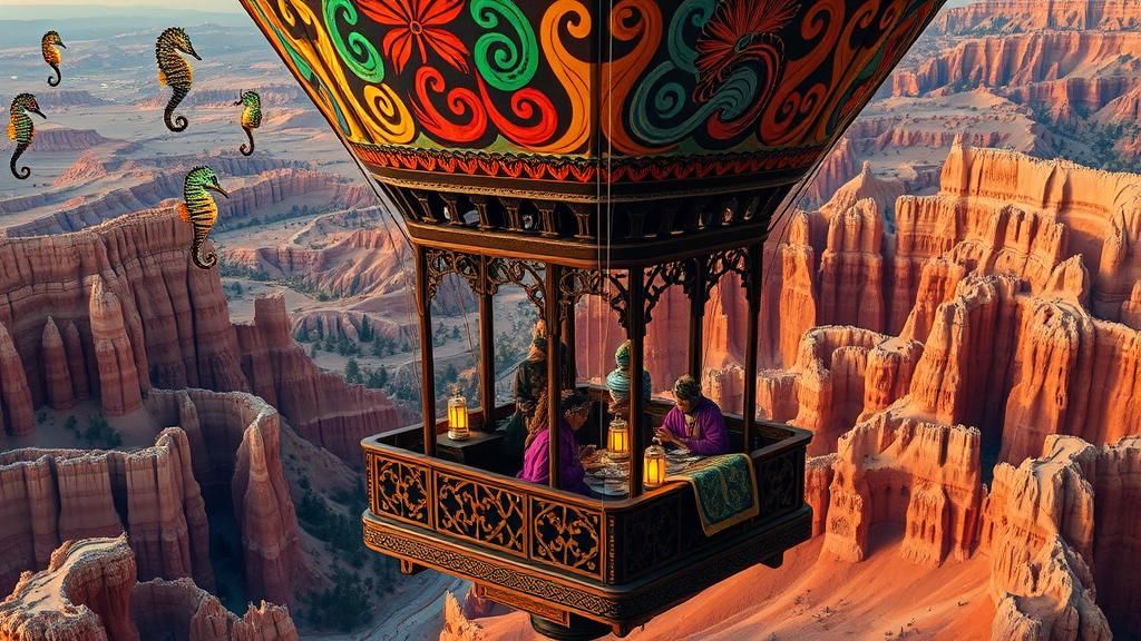 Fantastical Tea House Hot Air Balloon Over Canyon