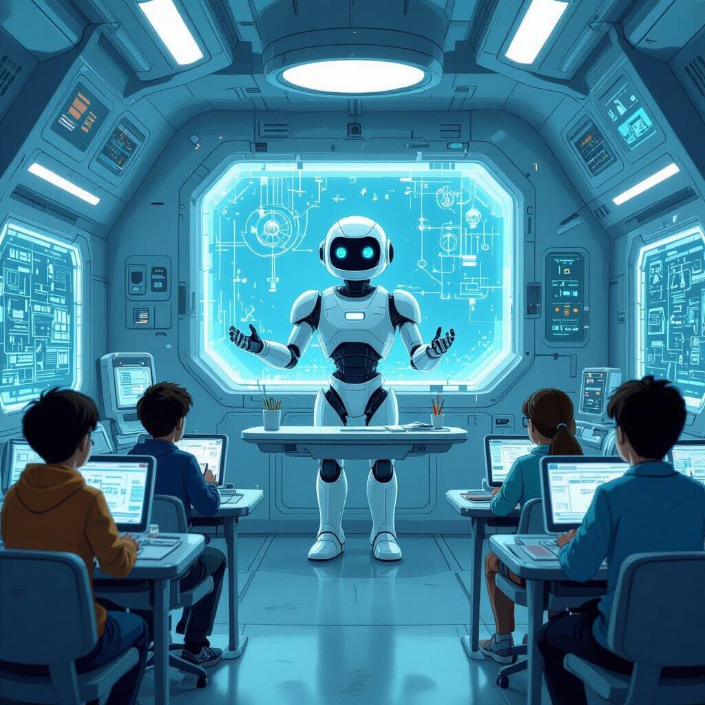 Robot Teacher in Futuristic Classroom, Cartoon Style