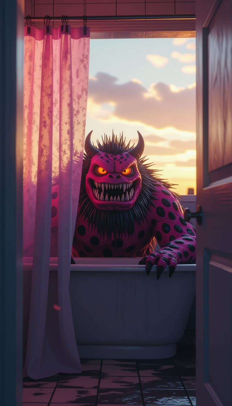 Hyperdetailed Pink Monster in Grimy Bathroom at Sunset