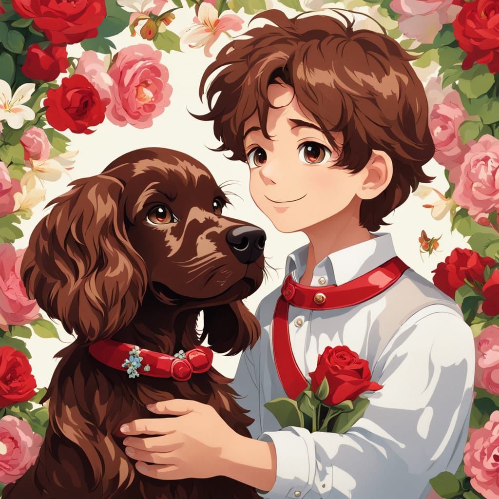 Boy with Ruby Cocker Spaniel in Anime Style