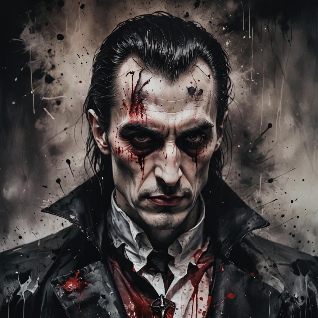Eerie Dracula Portrait in Ink Splatter Style