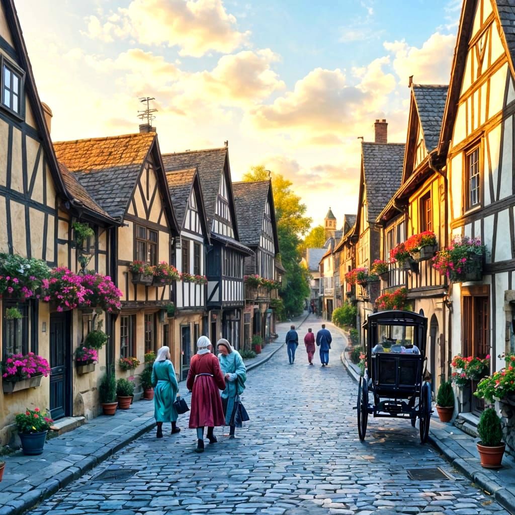 Medieval Village Street at Sunset in Painterly Style