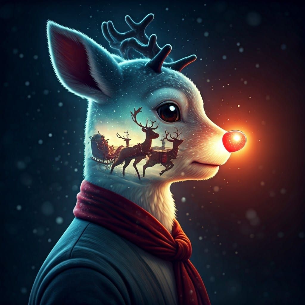 Rudolph's Determined Sleigh Ride Amidst a Snowy Storm