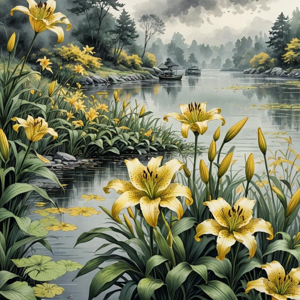 Yellow Lilies on Riverbank in Vintage Watercolor Style
