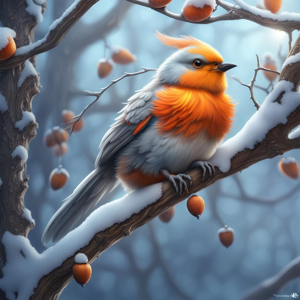 Winter Frost Oak Branch with Bird Digital Painting