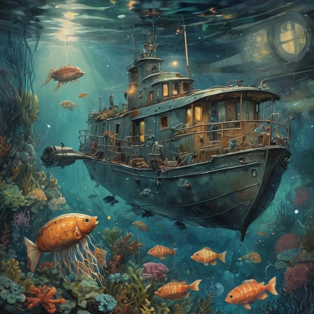 Surreal Underwater Scene in Gouache Style