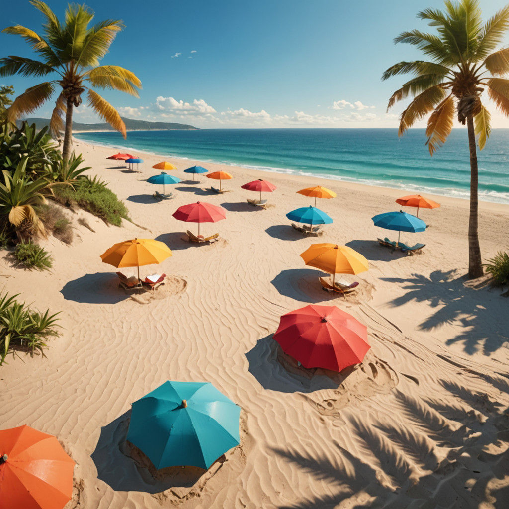 Colorful Beach Umbrellas Planted in the Sand