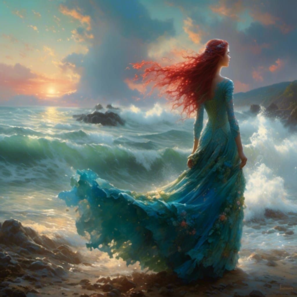 Red Dress Against a Colorful Sunset