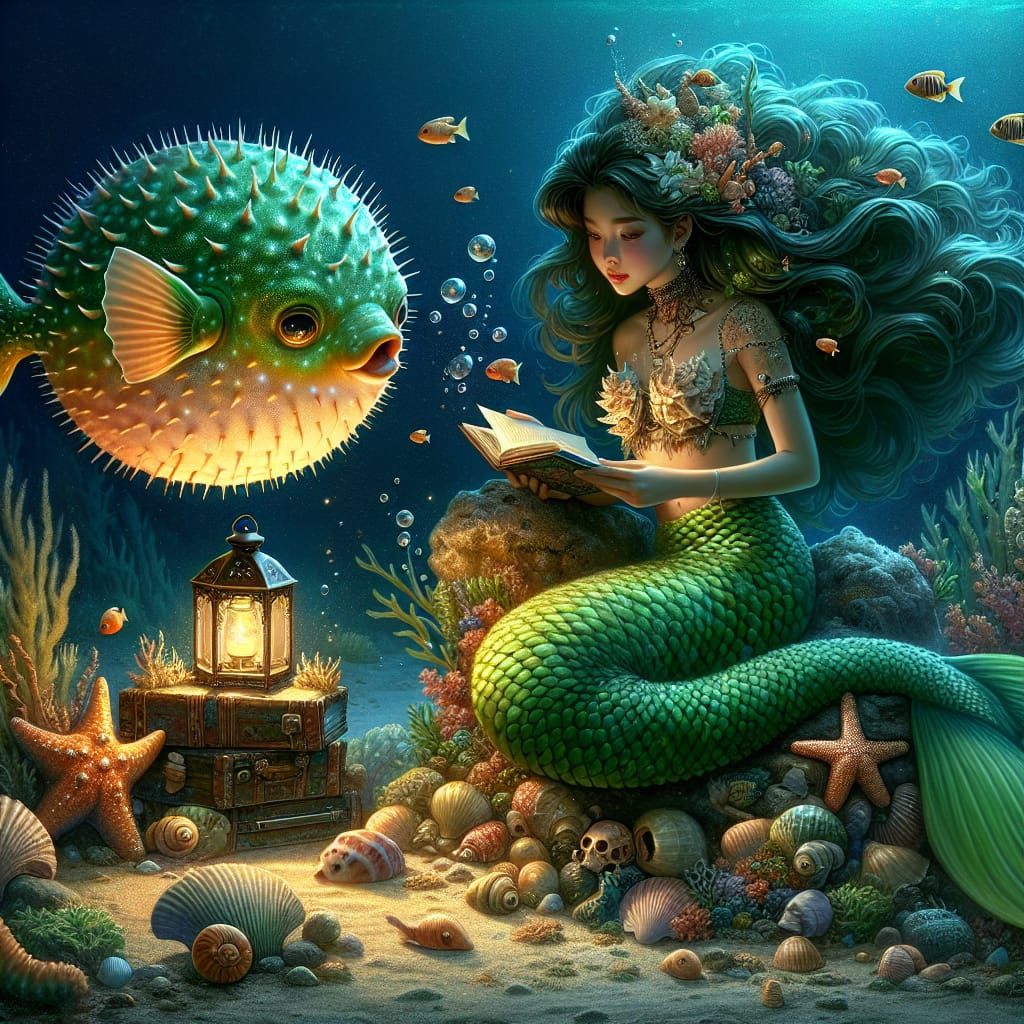 Mermaid Reading by Pufferfish Light