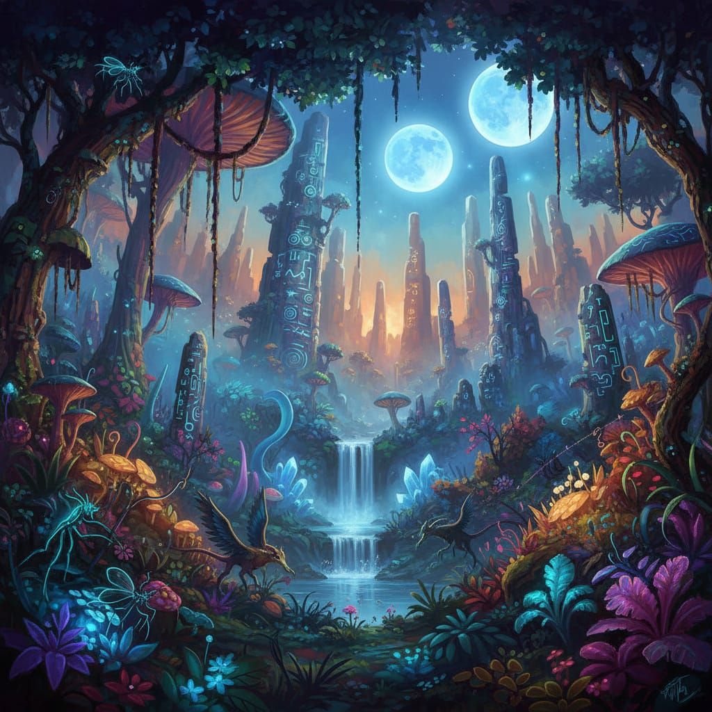 Bioluminescent Alien Jungle Under Twin Moons