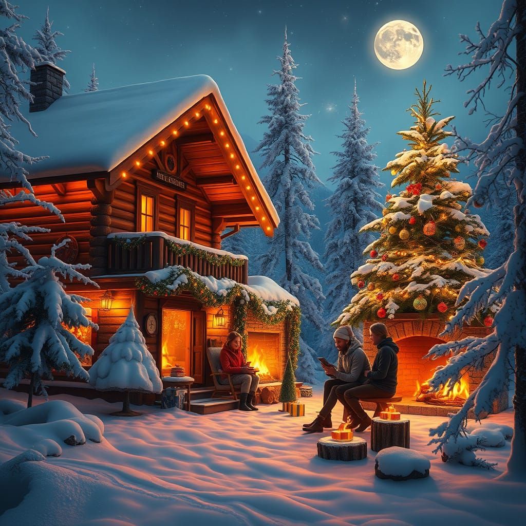 Mountain Cabin Glows Warmly Under Snowy Christmas Lights
