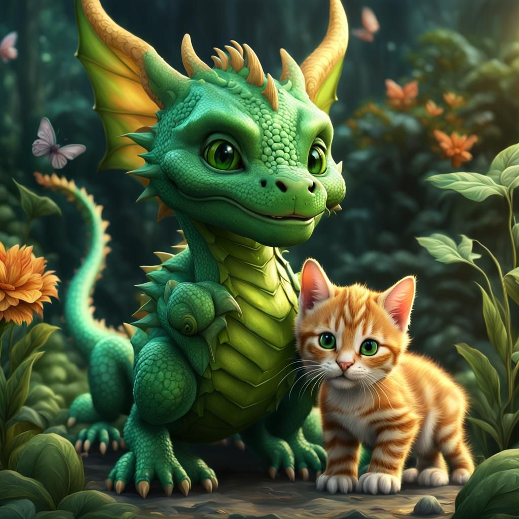 Green Dragon and Kittens: Fantasy Concept Art