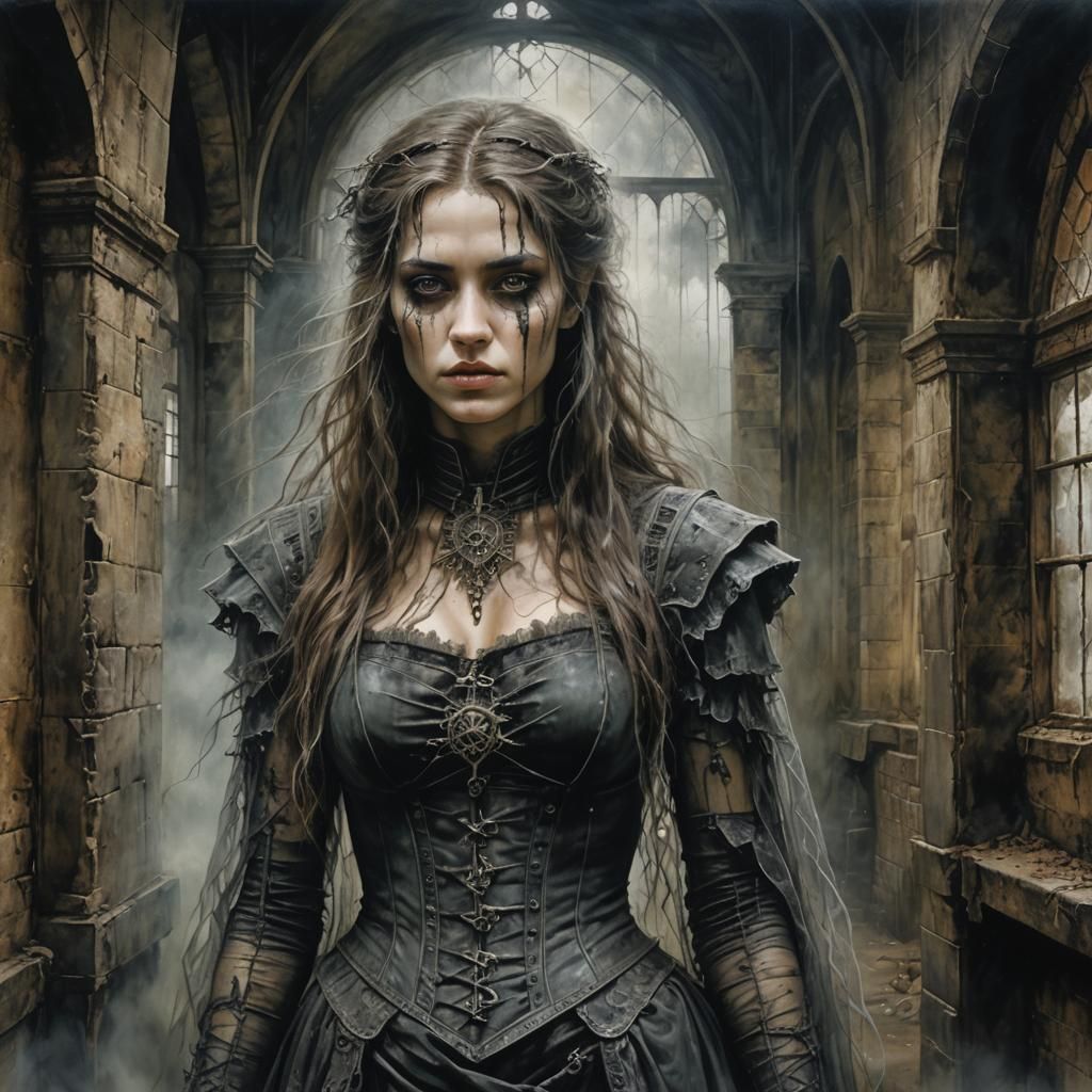 Ethereal Spectral Woman in Gothic Nightmare Landscape