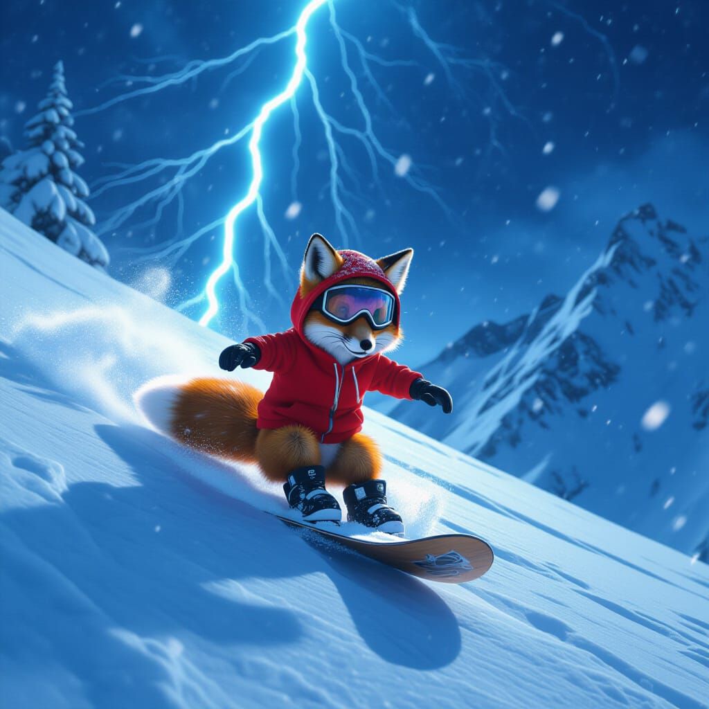 Fox Snowboarding in a Nighttime Blizzard: Digital Art