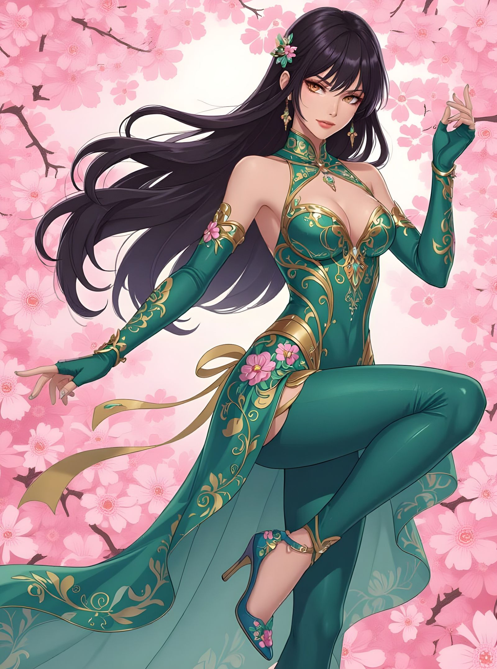 Elegant Anime Character in Teal and Gold