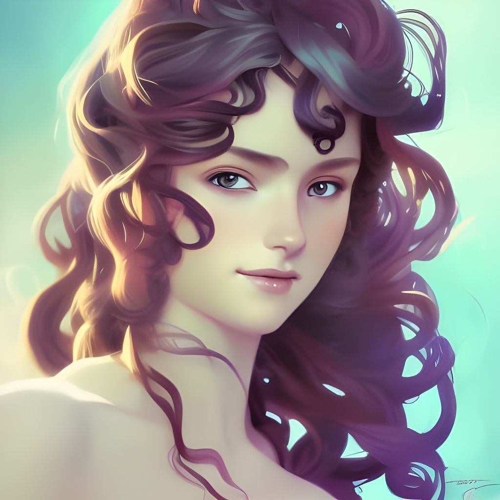 majestic anime eyes young woman dazzling smile long haired curls butterflies in her hair