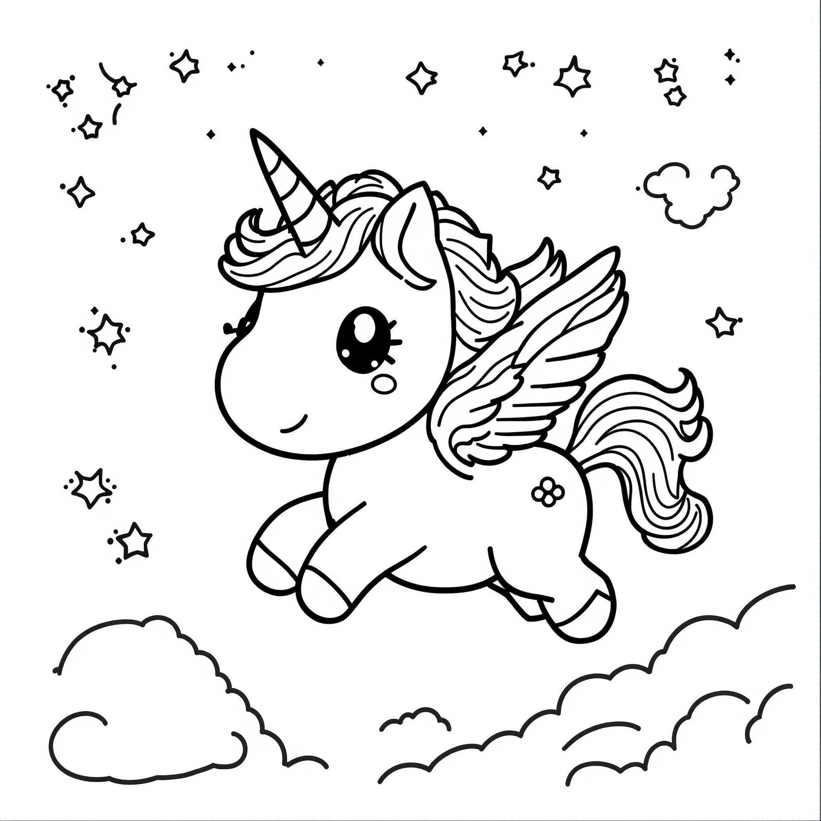 Kawaii Chibi Unicorn Soars in Whimsical Black and White Line...