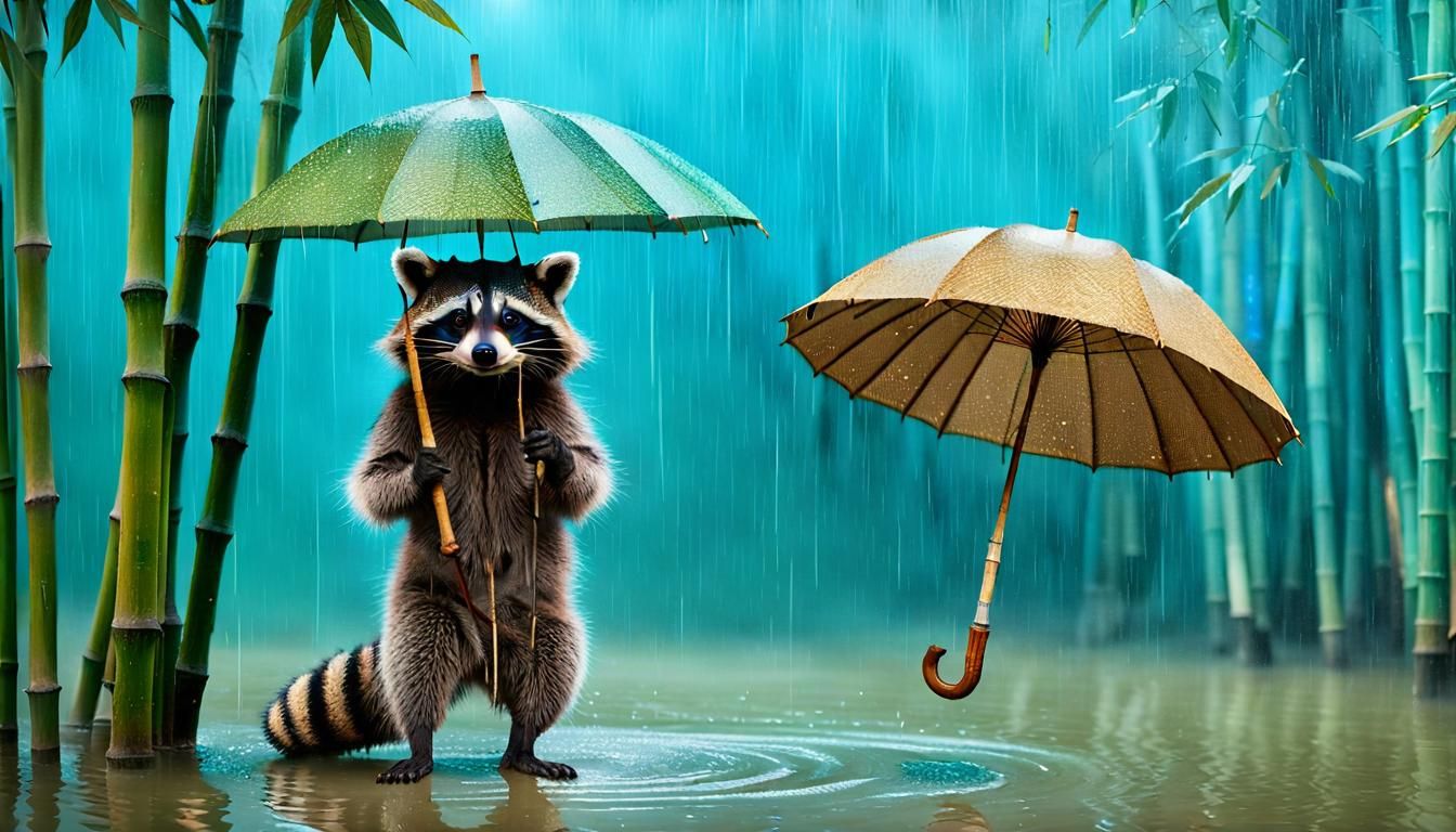 Blue Raccoon in Flooded Street, Magic Surrealism