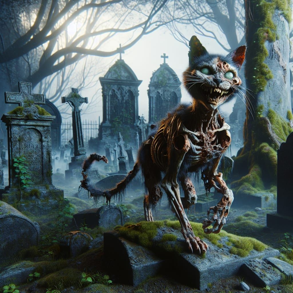 Hyperrealistic Zombie Cat in Graveyard: A Masterpiece