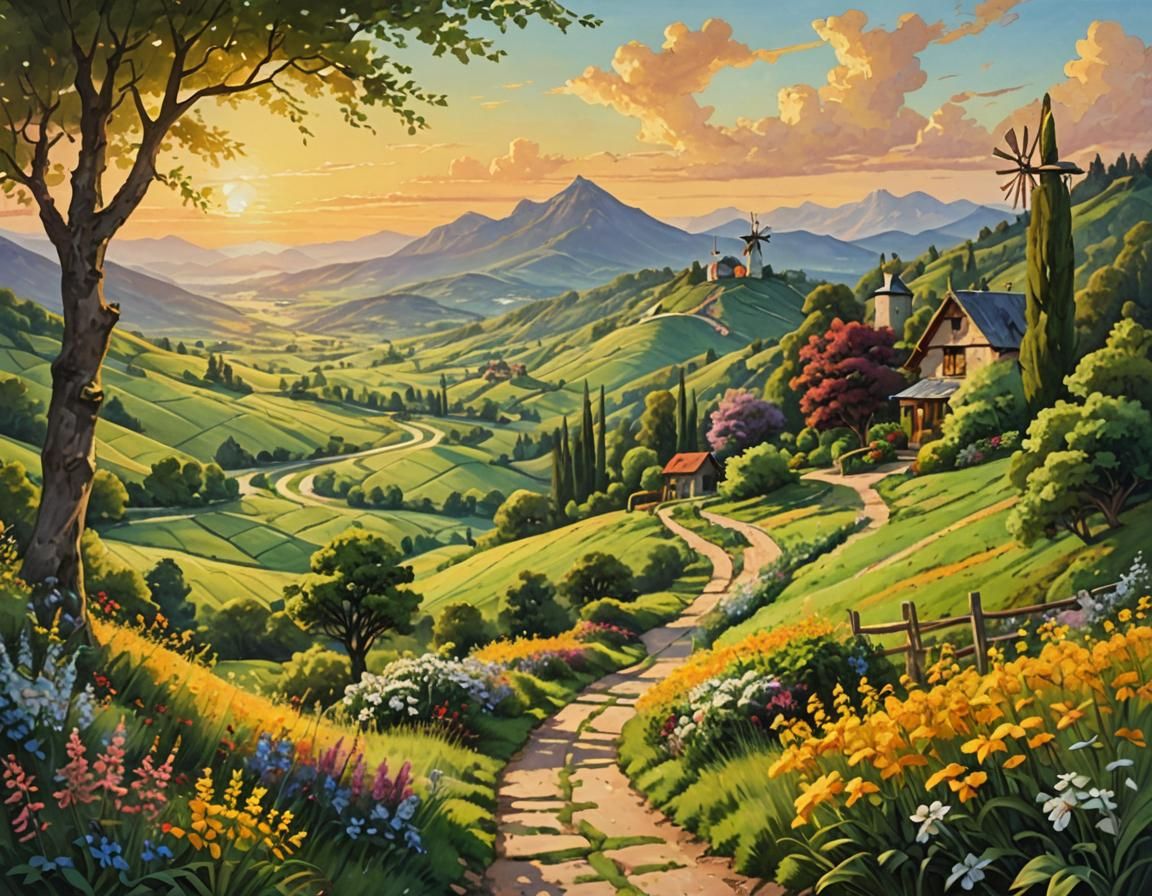 Scenic Mountain Path Painting with Windmills at Sunset
