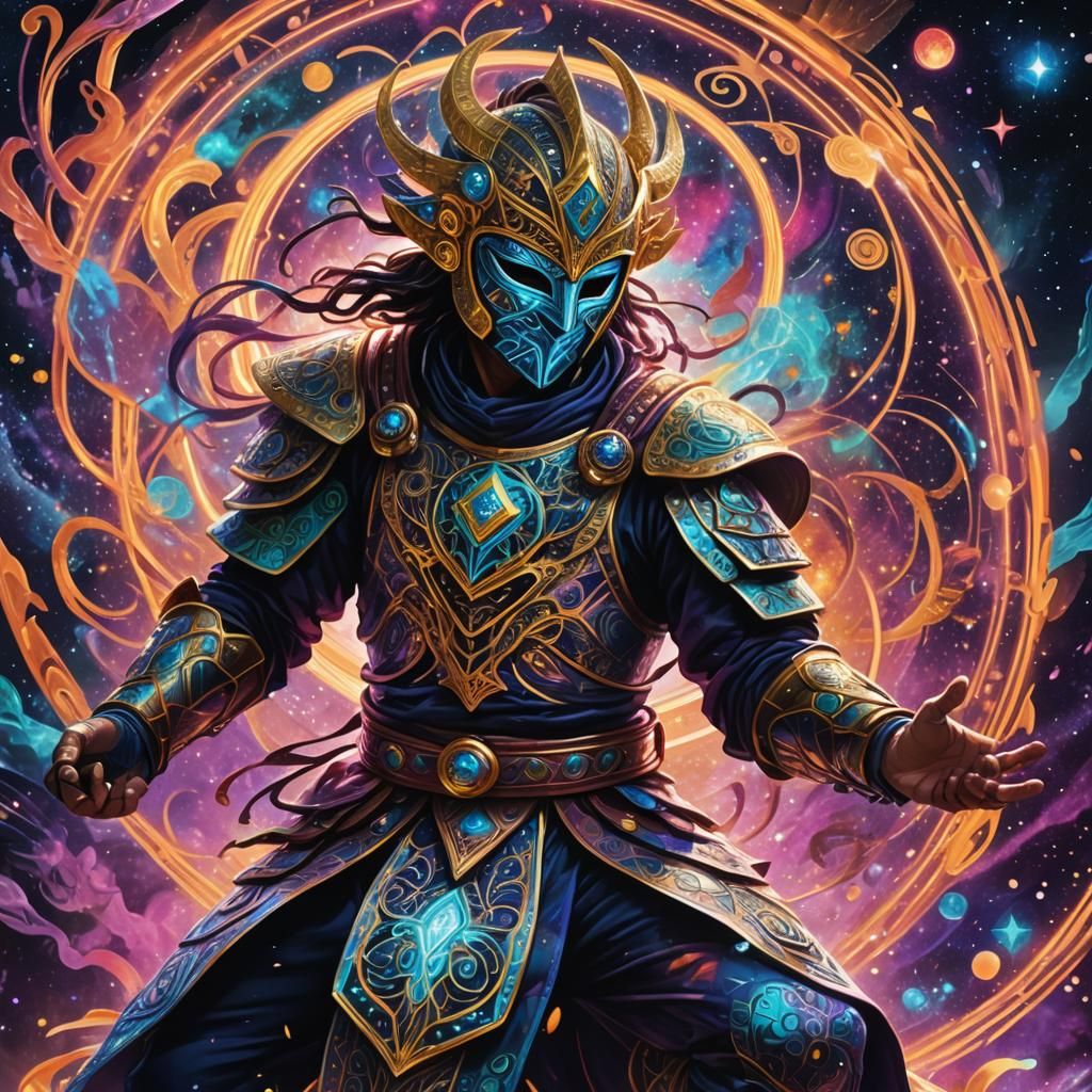 Masked Warrior in Cosmic Astral Energy: Holographic Illustra...