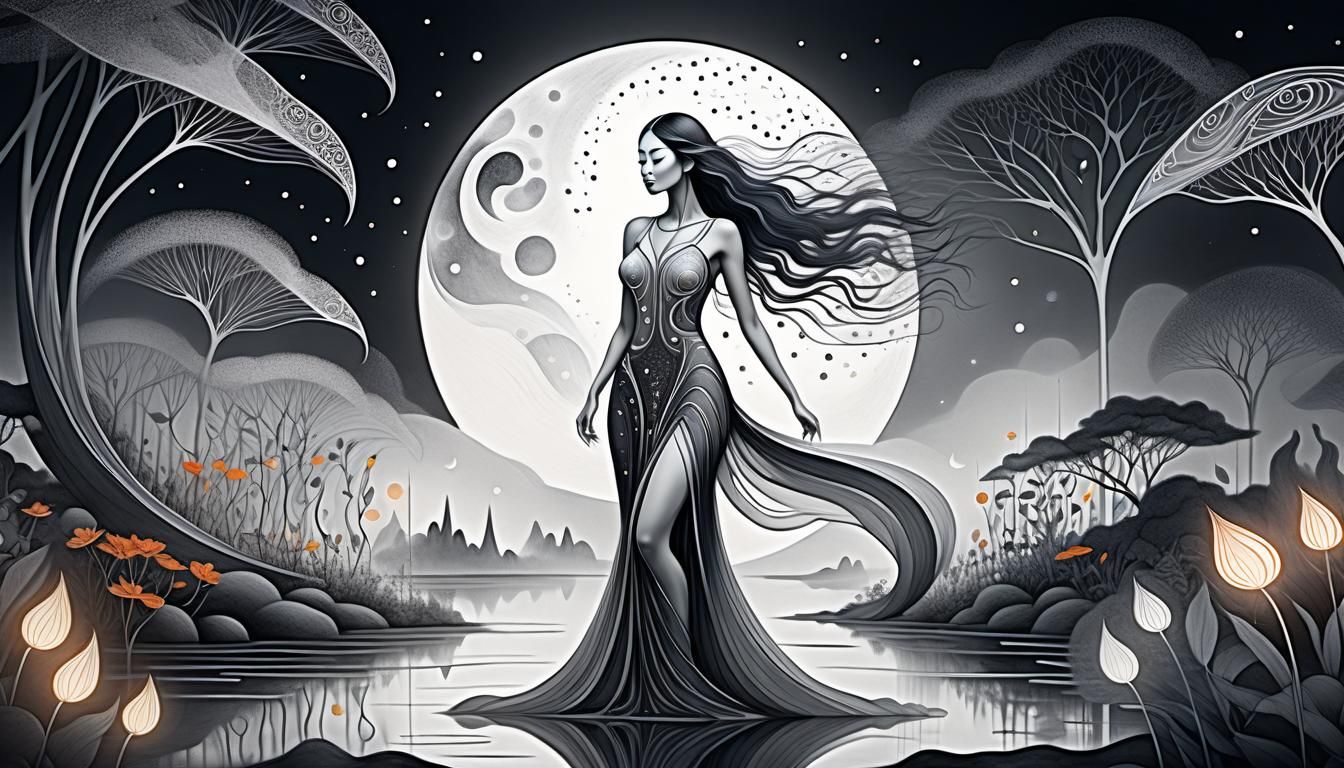 Spirit Woman Dancer in Fantasy Garden, Pencil Art